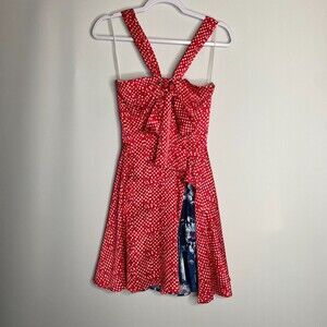 Mena Sundress Rock-a-Billy Pin-Up Red White Polka Dot Mixed Print Size S
